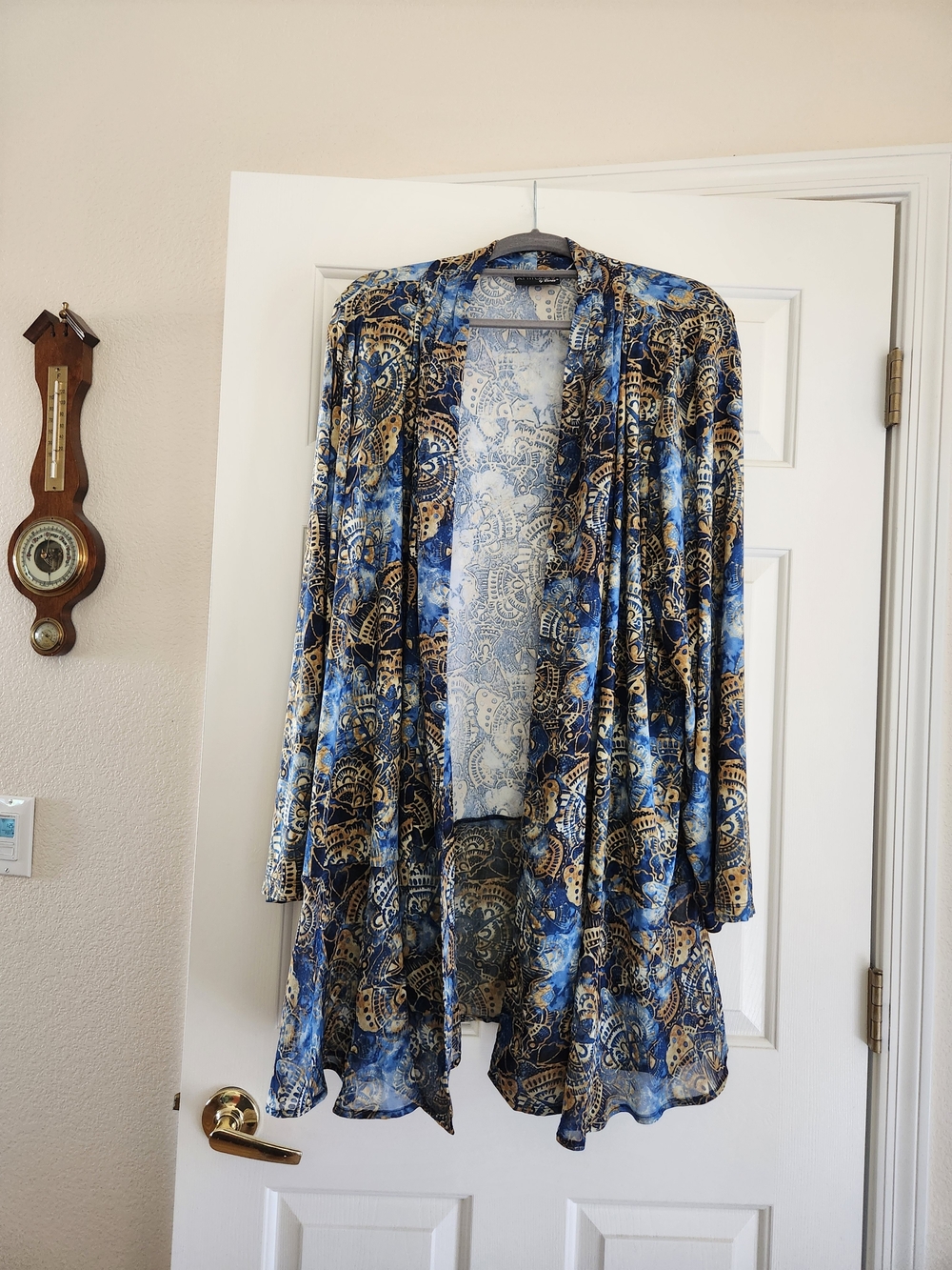 LOGO by Lori Goldstein Blue and Tan Paisley Open-Front Blazer Cardigan 3x